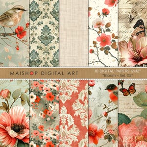 Pack de papier numérique intemporel • Motifs floraux et damassés élégants • Arrière-plans d'inspiration vintage pour la création • Ensemble Bloom 05