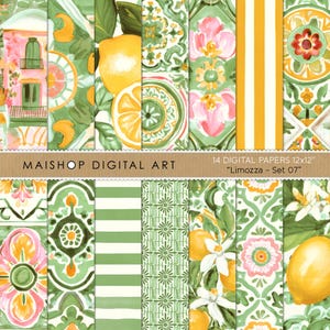 Puede incluir: Una colección de 14 papeles digitales titulada Limozza Set 07, que mide 30,48x30,48 cm. Los patrones presentan ilustraciones en acuarela de limones, flores de cítricos, arquitectura mediterránea y motivos de azulejos en tonos verde, amarillo y rosa.