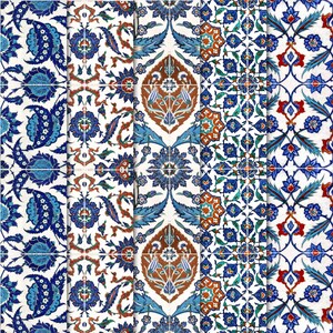 May include: A close-up of six colourful tiles with intricate floral patterns in shades of blue, red, green, and white. The tiles are arranged in a vertical row, creating a repeating pattern.