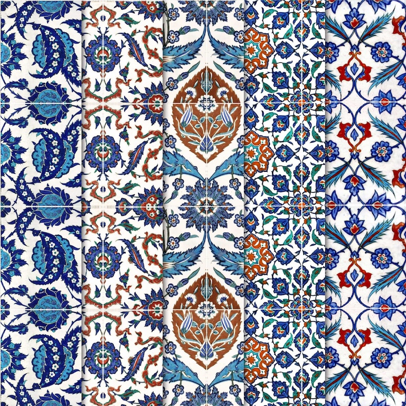 May include: A close-up of six colourful tiles with intricate floral patterns in shades of blue, red, green, and white. The tiles are arranged in a vertical row, creating a repeating pattern.