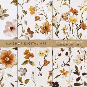 May include: Set of 10 digital papers featuring a watercolor floral pattern with brown, orange, yellow, and white flowers on a white background. The papers are 12 inches by 12 inches and are titled "Wildflower Bliss - Set 04".