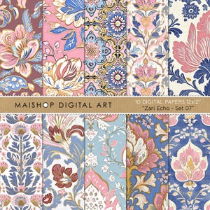 Papéis Digitais Florais Boho • Padrões Boho Chic Rosa e Azul Sem Costura • Fundos Digitais de Flores em Estilo Asiático • Conjunto Zari Echo 07