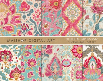 Boho nahtlose digitale Papiere • bunte Block-Druck-Muster • indische florale Hintergründe • sofortiger Download für Kreative • Goldenes Zeitalter Set 03