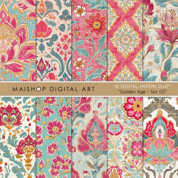 Boho nahtlose digitale Papiere • bunte Block-Druck-Muster • indische florale Hintergründe • sofortiger Download für Kreative • Goldenes Zeitalter Set 03