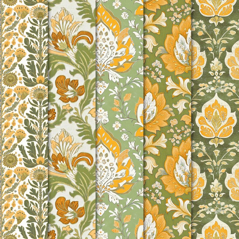 Bohemian Floral Digital Papers • Yellow & Green Seamless Boho Chic ...