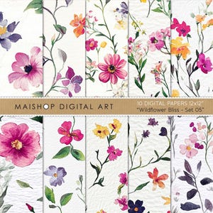 May include: Ten digital papers featuring a watercolor floral pattern with pink, yellow, and purple flowers on a white background. The papers are 12 inches by 12 inches and are titled "Wildflower Bliss - Set 05".