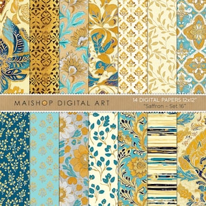 Afdrukbaar digitaal boho-bloemenpapier • Naadloze Indiase patronen voor prints, collages, stof, grafisch ontwerp, ambachten • Saffraanset 16