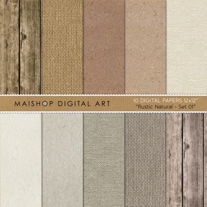 Papeles digitales con texturas neutras • Fondos de madera rústica • Texturas de cartón • Papel digital de arpillera • Conjunto rústico natural 01