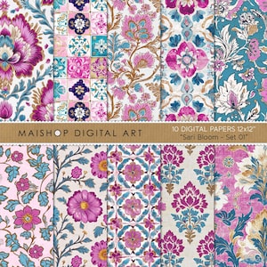 Naadloos digitaal papier met bloemen • Kleurrijke en ingewikkelde bohopatronen • Digitale downloadachtergronden • Sari Bloom-set 01