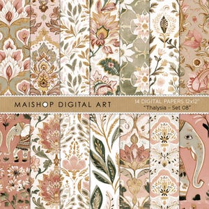 Puede incluir: Una colección de 14 papeles digitales de 30,48 cm x 30,48 cm, con diseños florales y ornamentales en tonos rosa, dorado y verde. Los papeles tienen una estética vintage, con el texto "MAISHOP DIGITAL ART" y "Thalysia - Set 08".