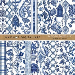 May include: A collection of 24 digital papers, each 12x12 inches, featuring intricate blue and white floral and geometric patterns. The designs include paisley, trellis, and chinoiserie motifs. The text "MAISHOP DIGITAL ART" and "Ateliern - Set 01" are visible.