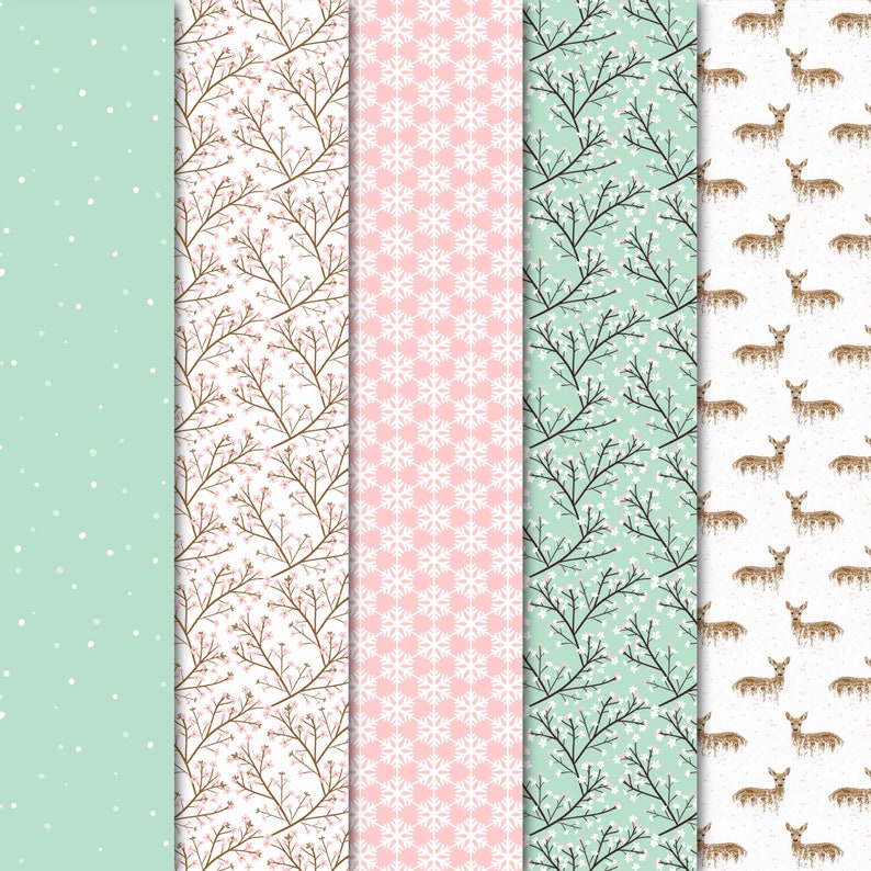 Mint & Pink Digital Paper Winter II Deers, Blossoms, Snowflakes Patterns for Scrapbook, Decoupage, Cards, Crafts, Invites... image 3