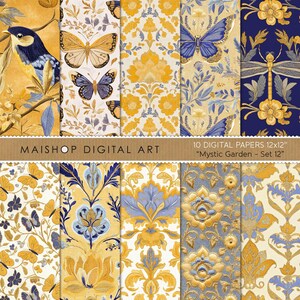 Tapestry Floral Digital Paper Pack | Navy Blue Gold Vintage Junk Journal Kit, Brocade Seamless Pattern • Mystic Garden Set 12