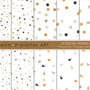 Papier numérique « Confettis ronds et triangulaires III », gris, rose pâle, ocre et or Papiers imprimables pour scrapbooking, cartes, design, faire-part...