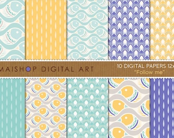 Digital Paper Set "Follow me" Scrapbook Paper, Instant Download Printable Digital Patterns for Scrapbooking, Card Making...