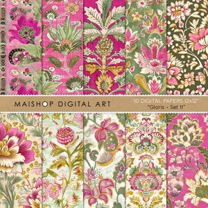 May include: A collection of ten digital papers with floral patterns in shades of pink, green, and gold. The papers are 12x12 inches and feature various botanical designs. The text "MAISHOP DIGITAL ART" and "Gloris - Set 11" is visible.