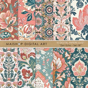 Papéis Digitais Florais Boho • Padrões Boho Chic Sem Costura • Imagens de Flores em Estilo Asiático para Download • Conjunto Zari Echo 06