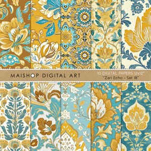 Papéis digitais Boho florais sem costura • Papéis de scrapbook texturizados para impressão Boho • Pacote de texturas de estilo floral étnico • Conjunto Zari Echo 18
