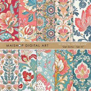 Papéis Digitais Florais Boho • Padrões Boho Chic Sem Costura em Coral Vermelho e Azul • Fundos Digitais com Flores em Estilo Asiático • Conjunto Zari Echo 10