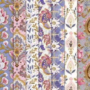 K&ouml;nnte beinhalten: Eine Sammlung von Papierb&ouml;gen mit floralen und ornamentalen Mustern. Die Farbpalette umfasst Rosa-, Lila-, Gold- und Wei&szlig;t&ouml;ne. Die Muster variieren und zeigen Damast-, Blumen- und Blattmotive, die sich f&uuml;r Bastel- und Dekorationsprojekte eignen.