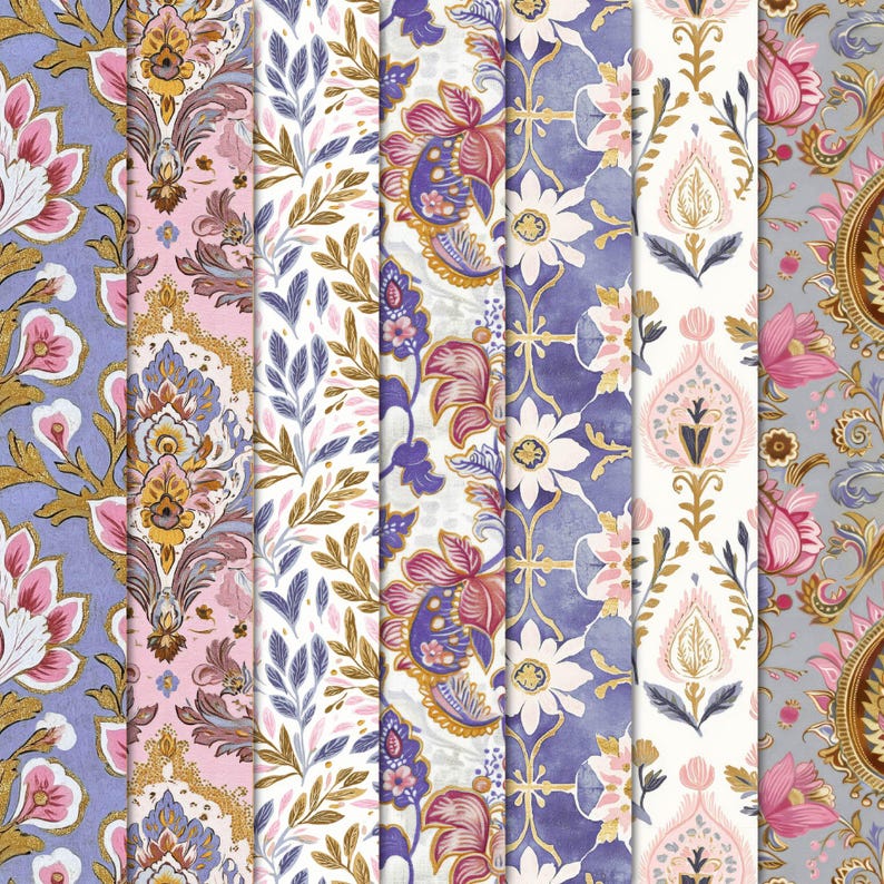 K&ouml;nnte beinhalten: Eine Sammlung von Papierb&ouml;gen mit floralen und ornamentalen Mustern. Die Farbpalette umfasst Rosa-, Lila-, Gold- und Wei&szlig;t&ouml;ne. Die Muster variieren und zeigen Damast-, Blumen- und Blattmotive, die sich f&uuml;r Bastel- und Dekorationsprojekte eignen.