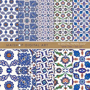 Turecki papier cyfrowy, bezszwowy zestaw papieru etnicznego do druku, papiery do scrapbookingu osmańskiego, tureckie azulejos ⎢ Zestaw płytek Iznik 02