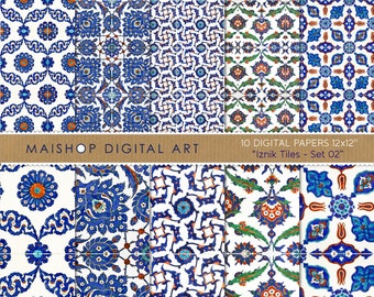 Seamless Digital Paper "Iznik Tiles - Set 02" Scrapbook Papers, Turkish Azulejos for Scrapbook, Invites, Decoupage, Cards, Crafts...
