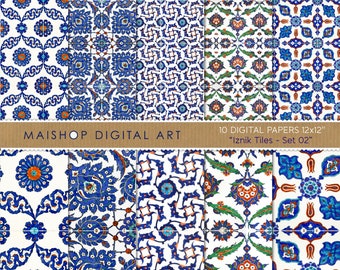 Turkish Digital Paper, Seamless Ethnic Printable Paper Set, Ottoman Scrapbook Papers, Turkish Azulejos ⎢ Iznik Tiles Set 02