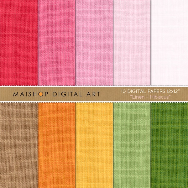 Papel Digital Lino 'Hibiscus' Rosa, Marrón, Naranja, Amarillo, Verde... Papeles texturizados para álbumes de recortes, tarjetas, álbumes de recortes, manualidades...