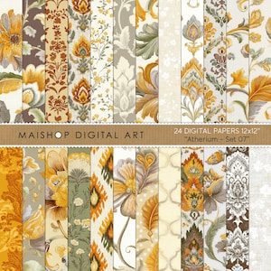 May include: A collection of 24 digital papers, each 12x12 inches, featuring various floral and ornamental patterns. The color palette includes shades of yellow, brown, and green. The text "MAISHOP DIGITAL ART" and "Atherium - Set 07" are visible.