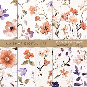 May include: Set of 10 digital papers featuring a watercolor floral pattern with orange, pink, and purple flowers on a white background. The papers are 12 inches by 12 inches and are titled "Wildflower Bliss - Set 07".