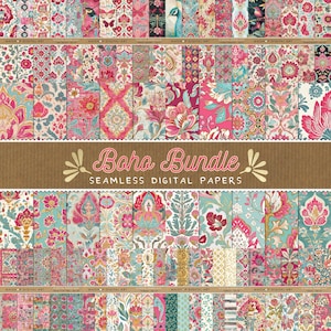 May include: A collection of seamless digital papers featuring intricate floral, paisley, and botanical patterns in vibrant shades of pink, teal, cream, and gold. The center brown banner displays the text Boho Bundle SEAMLESS DIGITAL PAPERS.