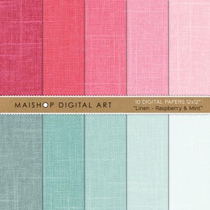 May include: A collection of ten digital papers with a linen texture, in shades of pink, raspberry, and mint green. The papers are 12x12 inches and feature the text "Linen - Raspberry & Mint" and "MAISHOP DIGITAL ART".