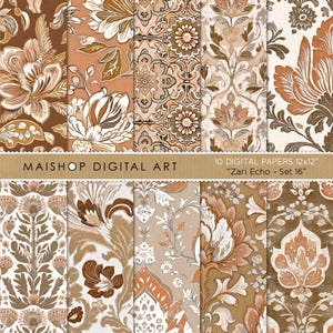 Naadloze bloemen boho digitaal papier • Chique boho tegelbare achtergronden • Set digitale texturen in etnische bloemstijl • Zari Echo Set 16