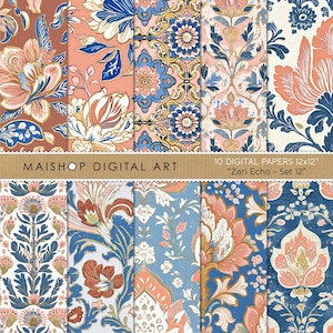Papéis digitais Boho florais sem costura • Padrões Boho Chic • Fundos digitais de flores em estilo indiano • Conjunto Zari Echo 12