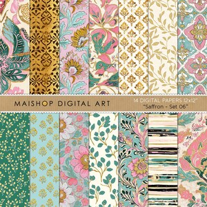 Boho Digital Papers • Seamless Indian Patterns • Pale Pink, Blue & Gold Backgrounds • Downloadable Files for Creatives • Saffron Set 06