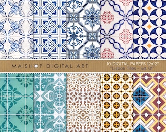 Portuguese Tiles Digital Paper I  Printable Images I Portuguese Azulejos Patterns I Lisbon Tiles Set 01