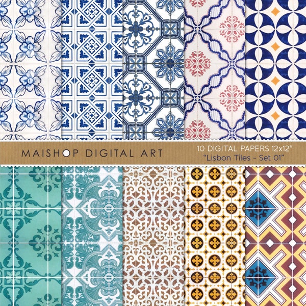 Portuguese Tiles Digital Paper I  Printable Images I Portuguese Azulejos Patterns I Lisbon Tiles Set 01