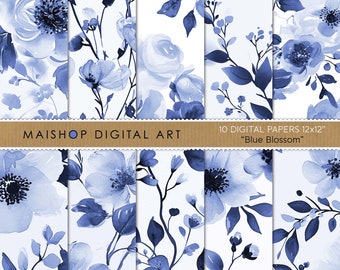 Blue Blossom Floral Digital Paper • Scrapbook Paper Pack • Blue Flowers Watercolor Patterns • Commercial Use