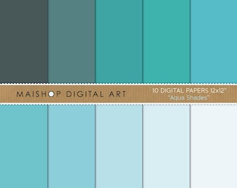 Solid Digital Paper Pack, Aqua Shades, Scrapbook, Graphic Design (Digital Download)