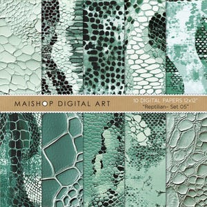 Op de afbeelding: Tien digitale papieren met een groen en zwart reptielenhuidpatroon. De papieren zijn 12x12 inch groot en zijn gelabeld "Reptilian - Set 05".