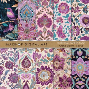 Collezione di carta digitale senza soluzione di continuità Boho • Sfondi di album vivaci ispirati all'India • Download immediato stampabile • Set Grand Bloom 05