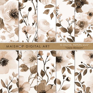 Papel digital floral Sepia Blossom • Pacote de papel para scrapbook • Padrões de aquarela de flores marrons • Uso comercial