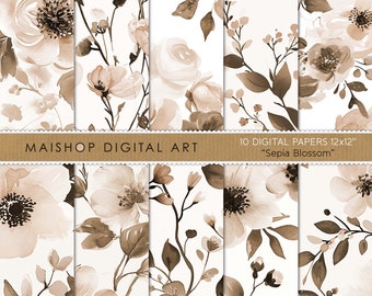 Sepia Blossom Floral Digital Paper • Scrapbook Paper Pack • Brown Flowers Watercolor Patterns • Commercial Use