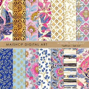 Boho Digitale Papiere • Nahtlose Boho Muster • Druckbare Hintergründe • Herunterladbare Dateien für Kunsthandwerk und Design • Safran Set 03