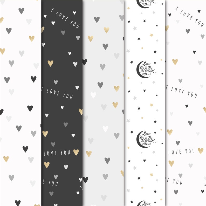 Pode incluir: Quatro padr&otilde;es sem costura com cora&ccedil;&otilde;es, estrelas e a frase "Love you to the moon and back". Os padr&otilde;es s&atilde;o em preto, branco e dourado.