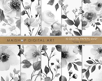 Grayscale Floral Digital Paper, Black and White Scrapbook Paper, Wedding Invitations, Junk Journal, Commercial Use • Gray Blossom