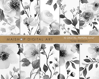 Gray Blossom Floral Digital Paper • Scrapbook Paper Pack • Neutral Grey Flowers Watercolor Patterns • Commercial Use