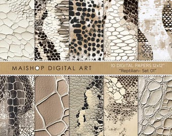 Digitale Papiere Schlangen-Muster • Neutrale Schlange Muster Hintergründe • Druckbare Texturen für Scrapbooking & Basteln • Reptilian Set 01