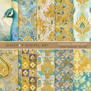 Digitale boho-papieren, elegante boho-patronen, afdrukbaar plakboekpapier, digitale download, gratis commercieel gebruik, Indiase pauwset 08